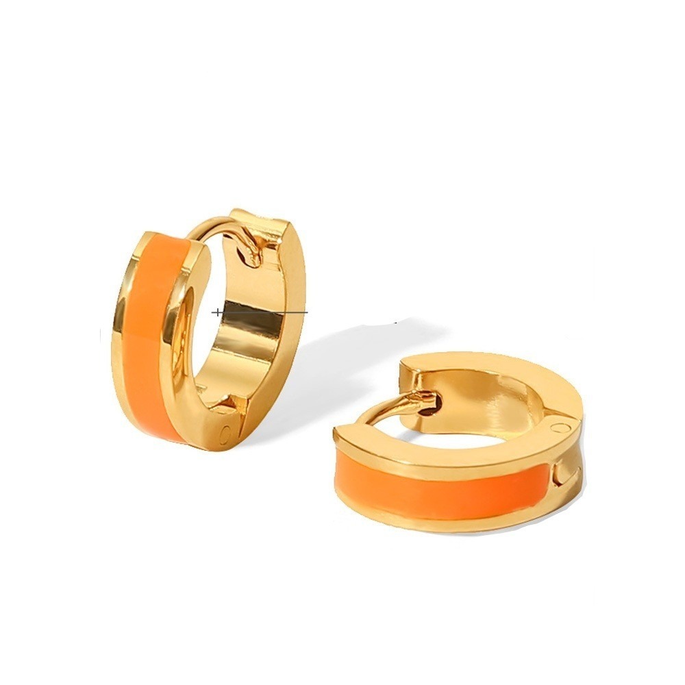 18K Gold Plated Orange Enamel Huggie Hoop Earrings Stainless Steel Small Chunky
